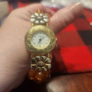 La Express Floral Gold-Tone Quartz Bracelet Watch - Amber Beads